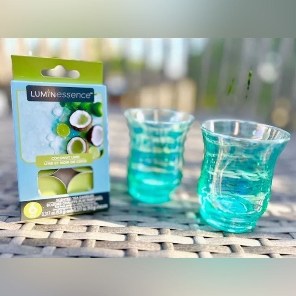 Green Pearlescent Glass Votive Tea Light Candle Holder Set FREE CANDLES!​​ - Picture 2 of 7